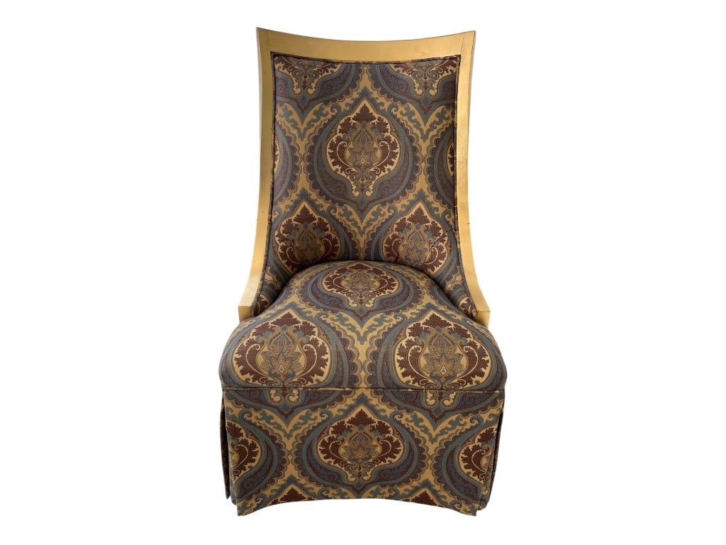 $2,500+ Marge Carson High-Back Skirted Armchair with Custom Patterned Upholstery, 44"H: Marge Carson high-back armchair featuring, custom Marge Carson fabric, a striking blue and brown patterned upholstery with ornate design elements. Distinguished by a unique gold trim, this chair offer