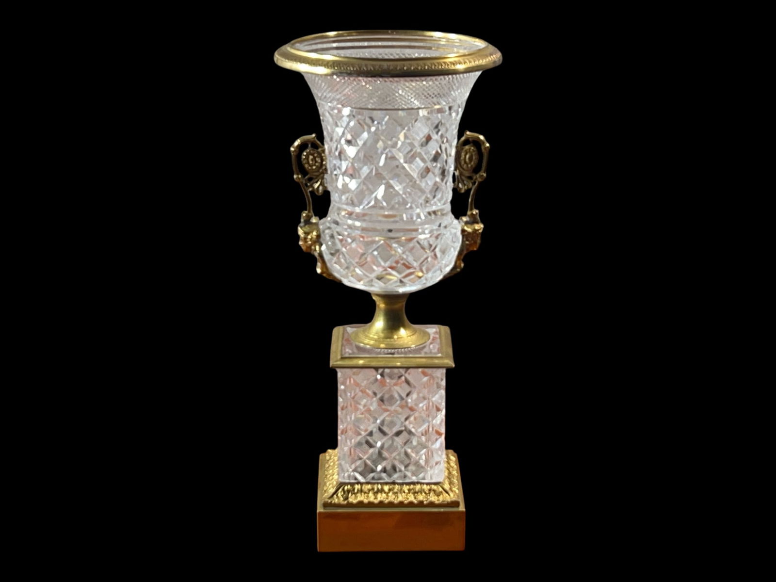 Empire-Style Cut Crystal and Metal Mounted Urn Vase on Square Pedestal Base, 17" H (1 of 5)