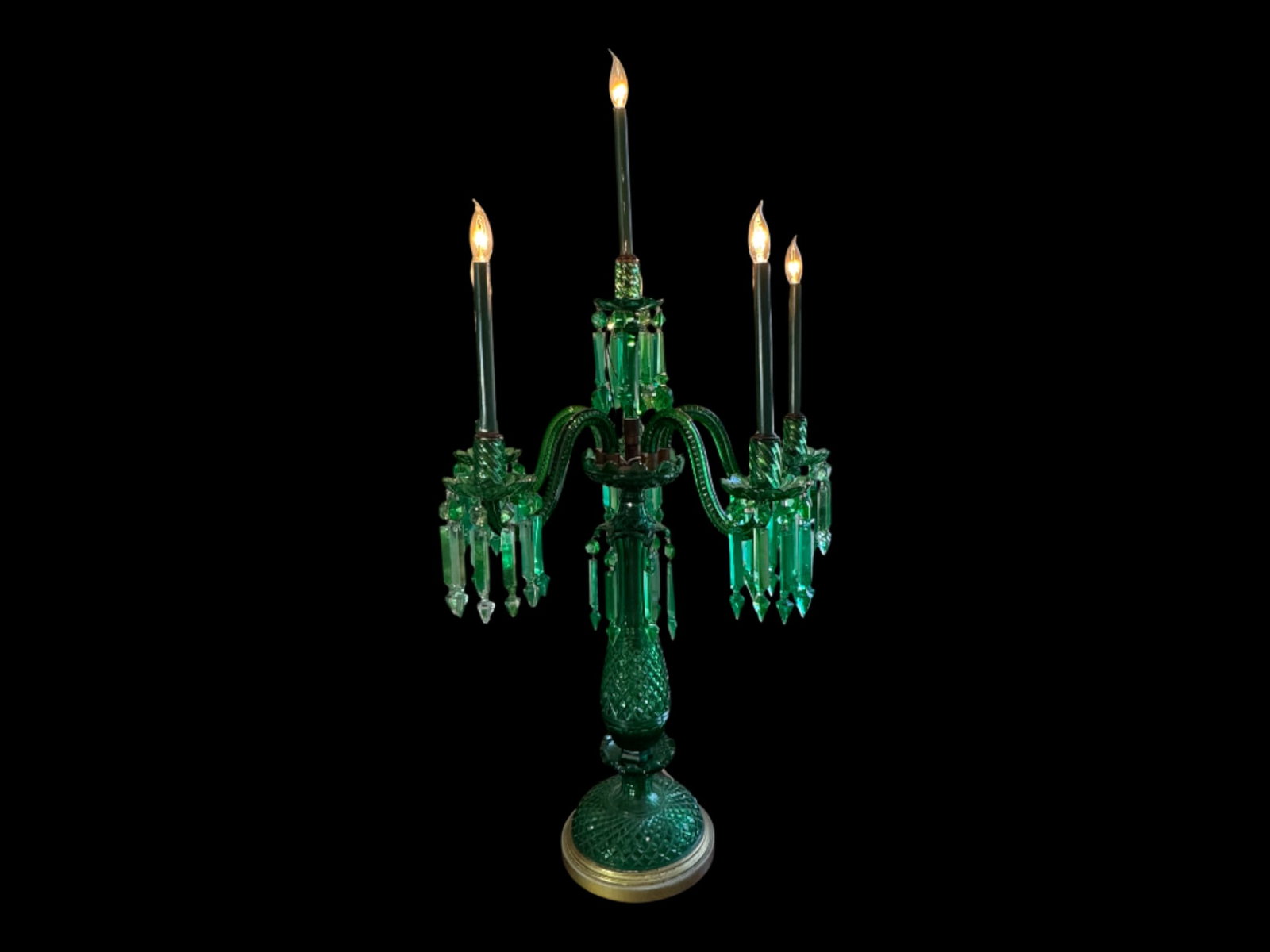 Rare, F. & C. Osler Victorian Emerald Green Cut Glass Six-Light Candelabrum, Birmingham, circa 1880: Rare Find - A rare and striking Victorian emerald green cut glass six-light candelabrum by the celebrated firm of F. & C. Osler, Birmingham, England, circa 1880. The candelabrum rises from a richly cu