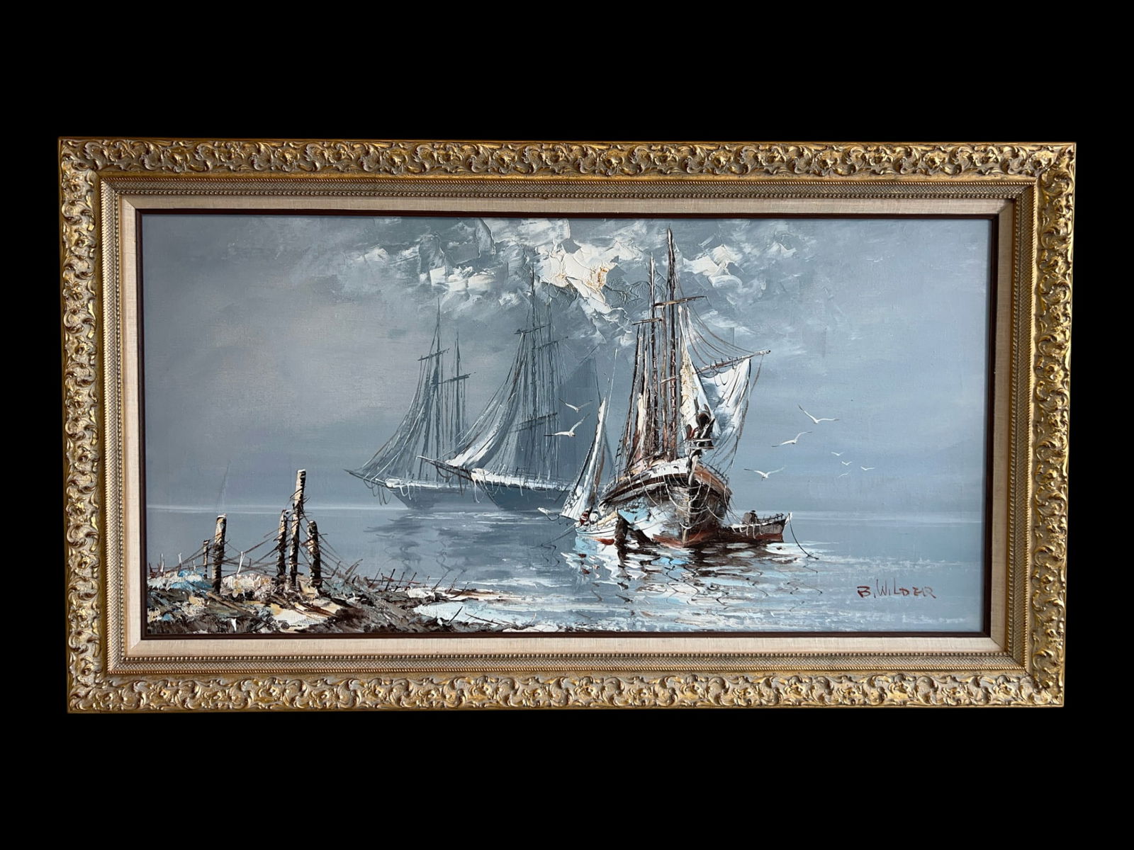 B. Wilder Maritime Oil Painting of Sailing Ships in Ornate Frame, 32h?? x 56w (1 of 6)