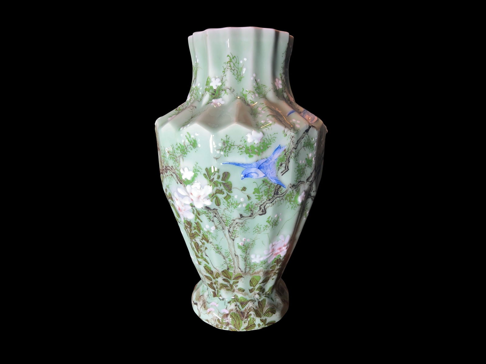 Japanese Meiji Period High-Relief Porcelain Celadon Vase Museum-Quality Pâte-sur-Pâte Masterwork: A magnificent and rare Japanese 19th Century Meiji period porcelain vase of exceptional quality, featuring the coveted celadon glaze in a luminous sea-green hue. The vase showcases an extraordinary fu