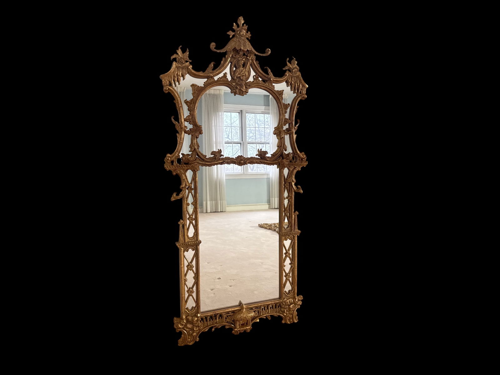 George III-Style Chinese Chippendale Carved Giltwood Mirror with Mandarin Figure and Pagoda Canopy, (1 of 8)