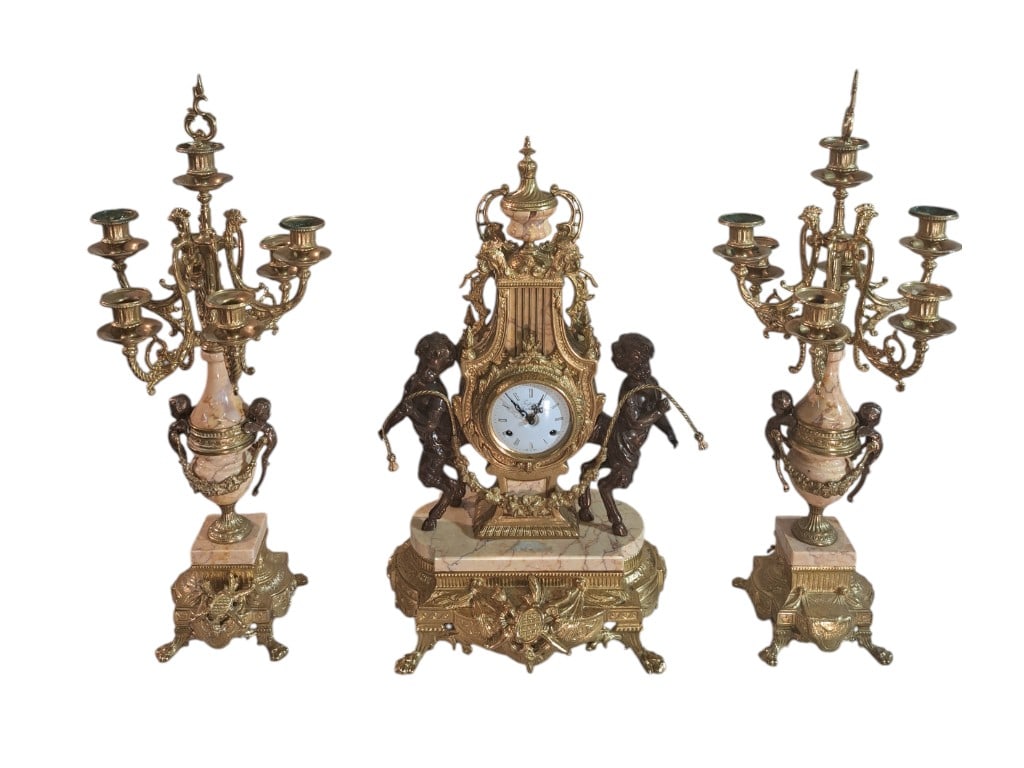 French Gilt Brass Bronze and Marble Clock Garniture Set with Cherub Motif, 27"H (1 of 20)