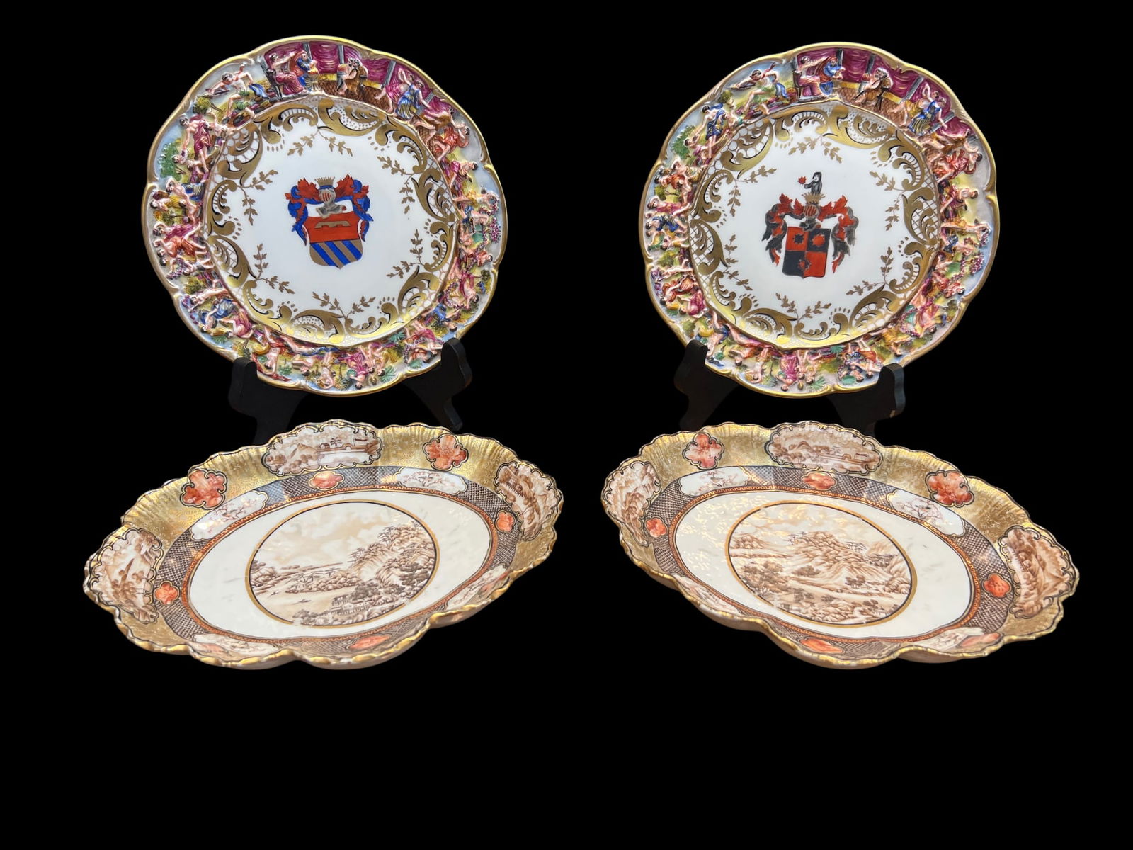 Collection of Four Decorative Cabinet Plates: Two Capodimonte-Style Armorial Plates with High-Relief (1 of 8)