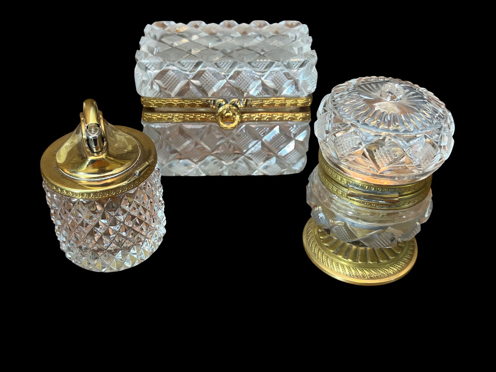 Collection of Three Cut Crystal Pieces with French Bronze Mounts: Casket, Table Lighter, and Covered (1 of 5)