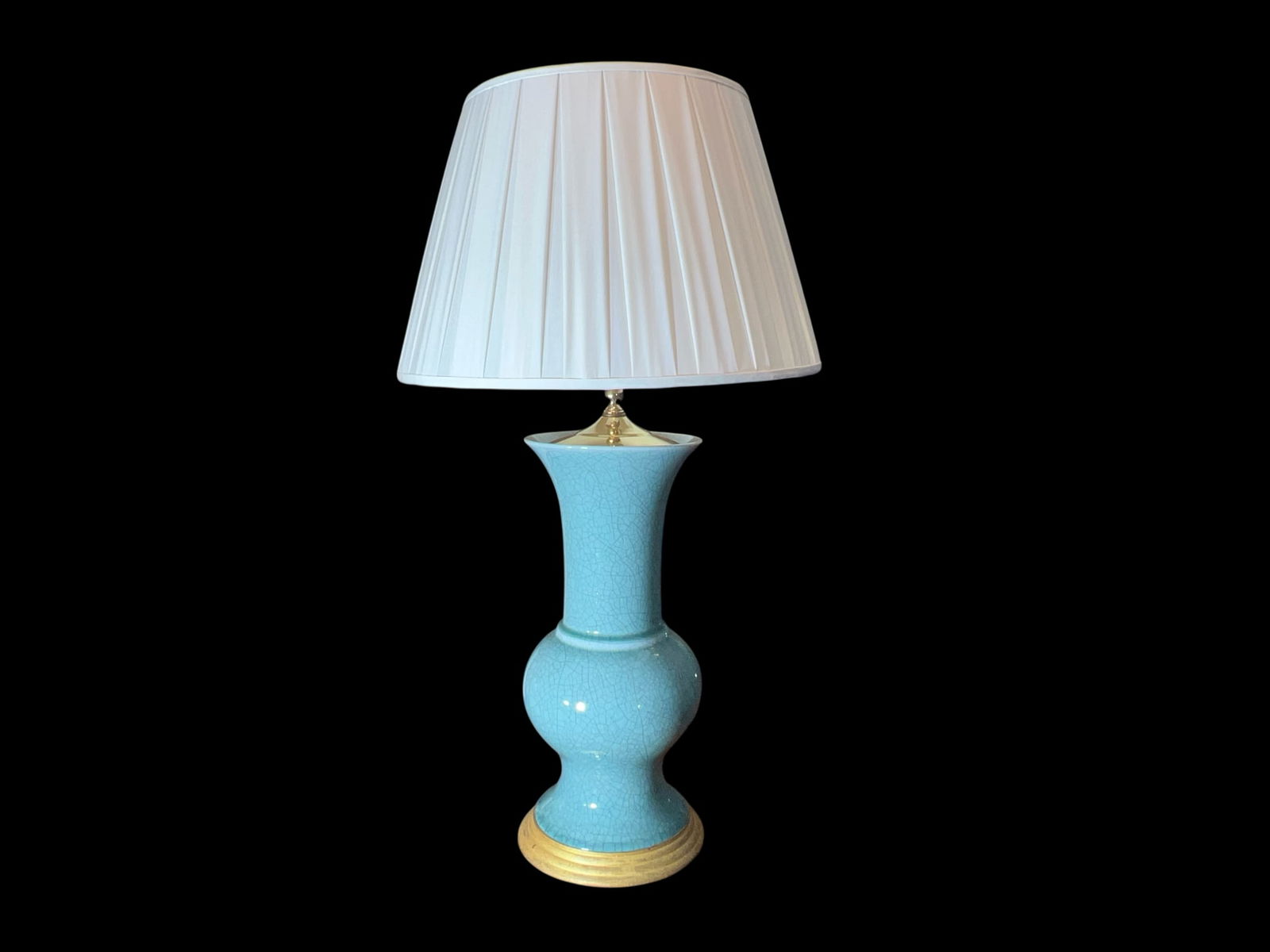 Chinese-Style Celadon Crackle Glaze Ceramic Table Lamp on Giltwood Base with Shade, 32": Striking ceramic table lamp in the Chinese gu-form vase shape, finished in a luminous robin's egg blue celadon crackle glaze. The baluster body features a spherical lower section rising to a trumpet-f