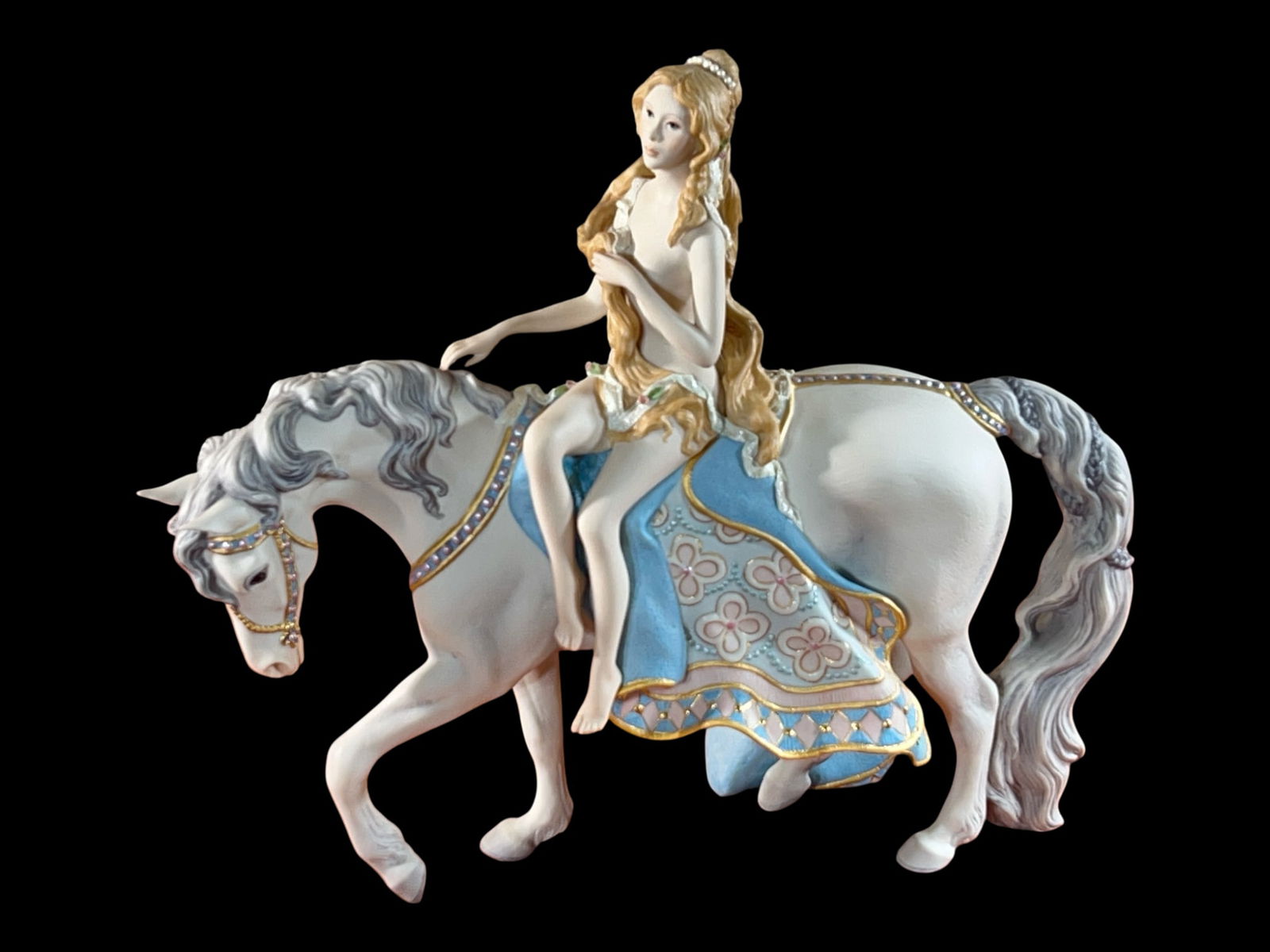 Cybis Porcelain "Lady Godiva" Equestrian Figurine by Lynn Klockner Brown, 13": An exceptional American porcelain sculpture from Cybis of Trenton, New Jersey, depicting the legendary Lady Godiva astride a magnificent white horse. This elaborate piece, designed by sculptor Lynn Kl