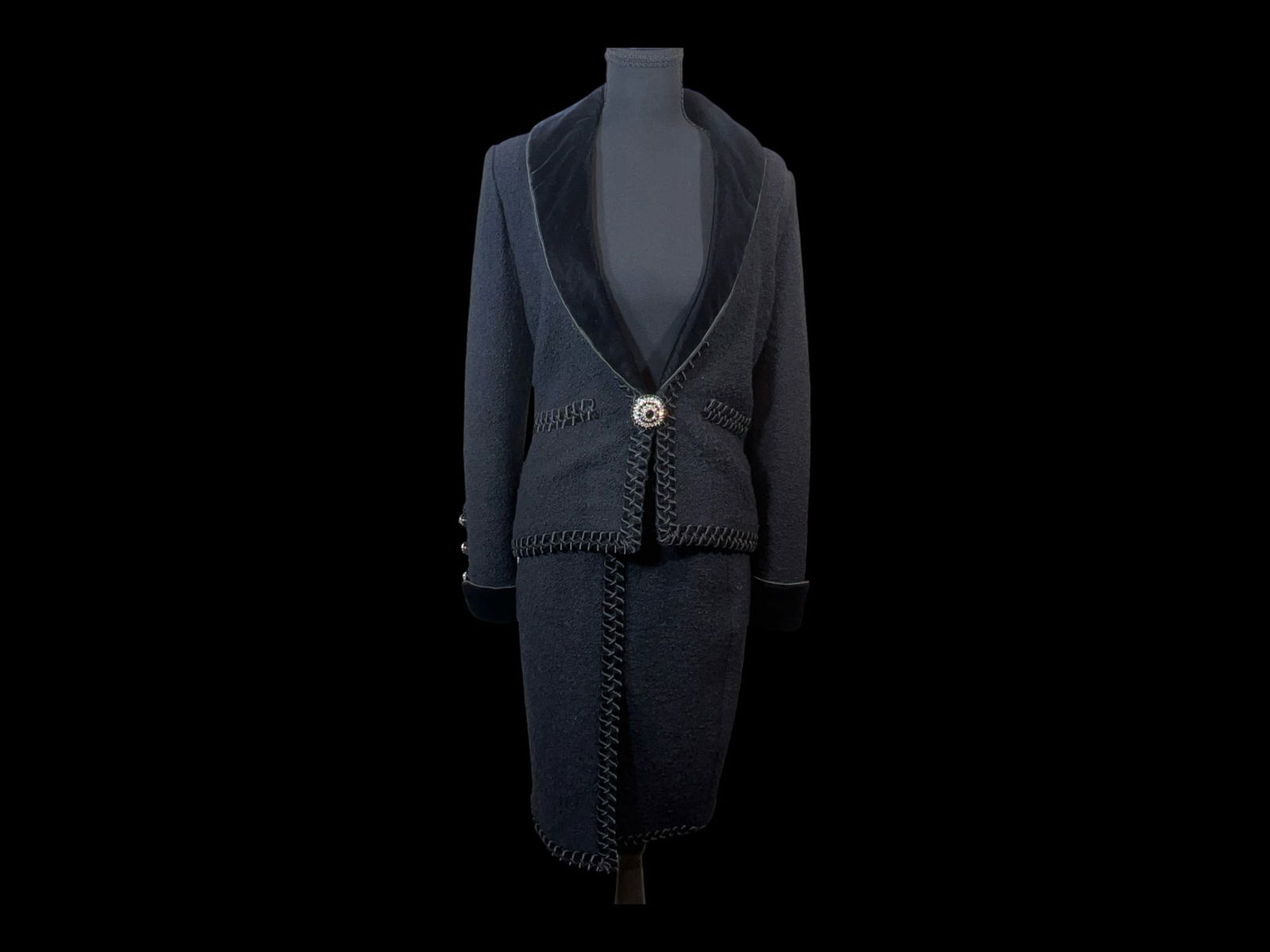 Adolfo at Saks Fifth Avenue Bouclé Skirt Suit with Velvet Shawl Collar and Rhinestone-Set Jewel (1 of 8)