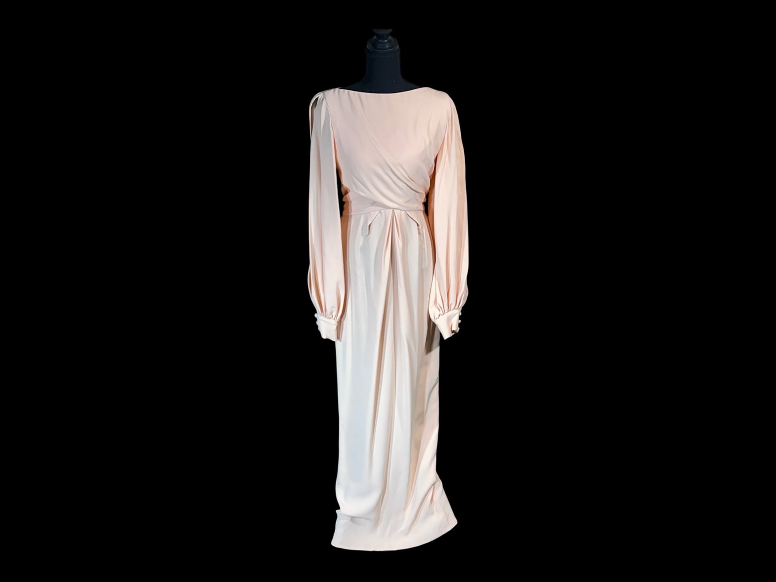 Bill Blass for Saks Fifth Avenue Blush Pink Draped Evening Gown, Made in U.S.A.: A refined late-20th-century Bill Blass for Saks Fifth Avenue evening gown in a pale blush tone, executed in a fluid, softly lustrous fabric that reads as a crepe or satin-backed crepe. The design is c