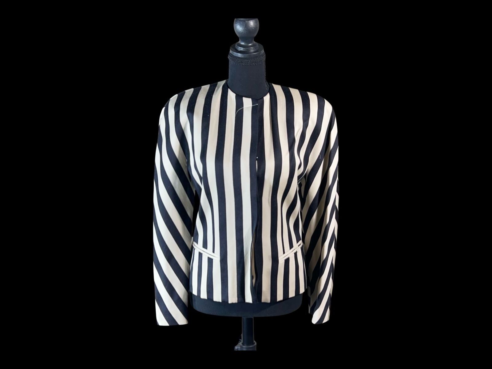 Salvatore Ferragamo Black-and-Ivory Striped Wool Jacket, Made in Italy: An Italian-made Salvatore Ferragamo striped wool jacket in a graphic black-and-ivory palette, executed in a crisp, modernist silhouette that reads as both jacket and cardigan. Cut with a clean round n