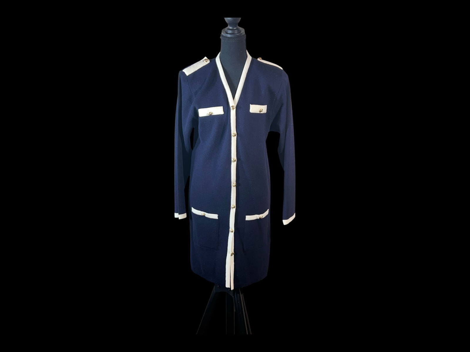Jaeger, Made in Great Britain, Longline Wool Cardigan Coat with Contrast Trim: A British-made Jaeger longline cardigan coat in finely knit pure wool, executed in a deep navy tone with crisp ivory contrast trim in the manner of classic Chanel-inspired “cardigan jacket” dr