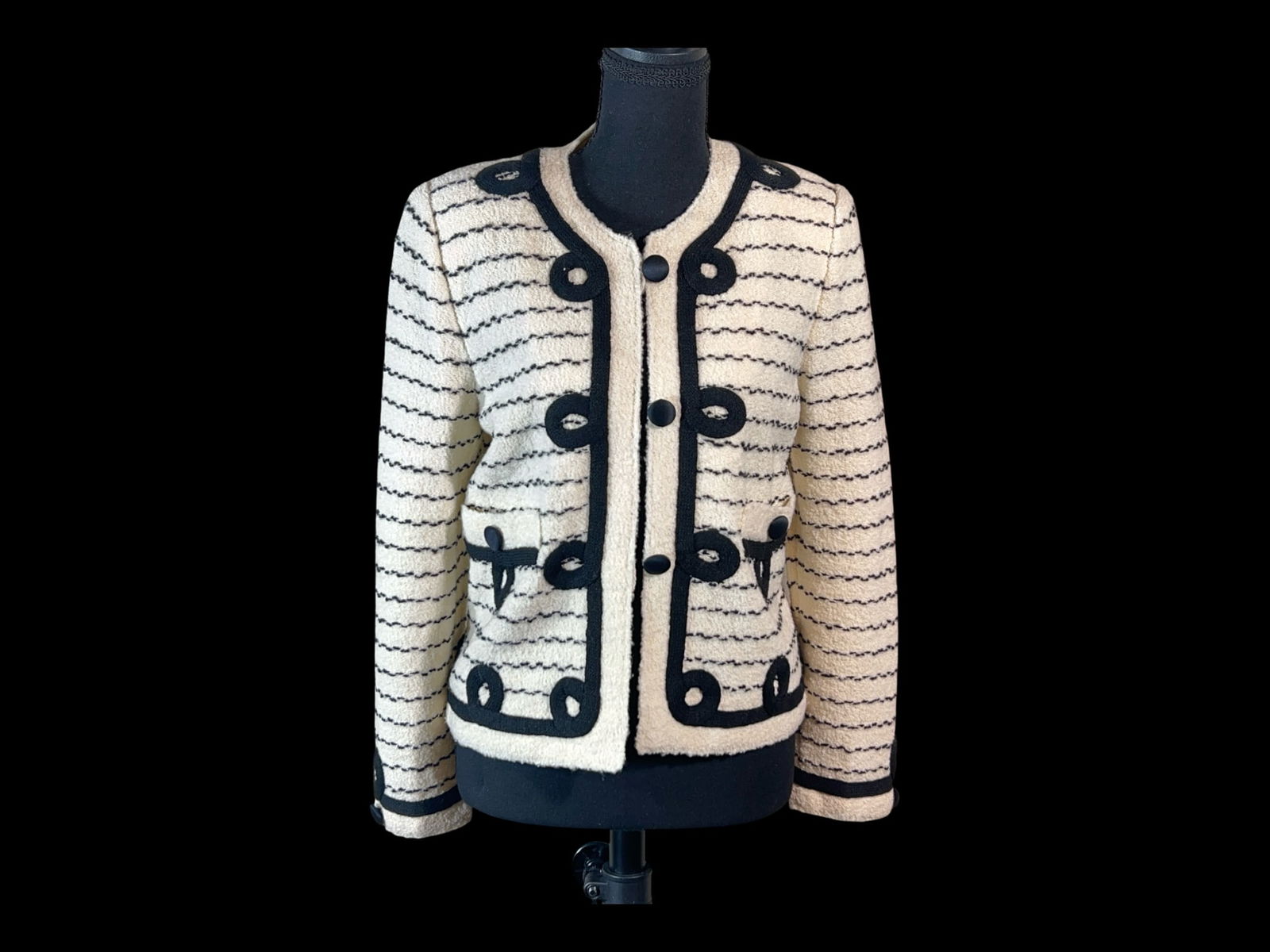 Adolfo at Saks Fifth Avenue bouclé cardigan jacket, cream with black passementerie trim (1 of 6)