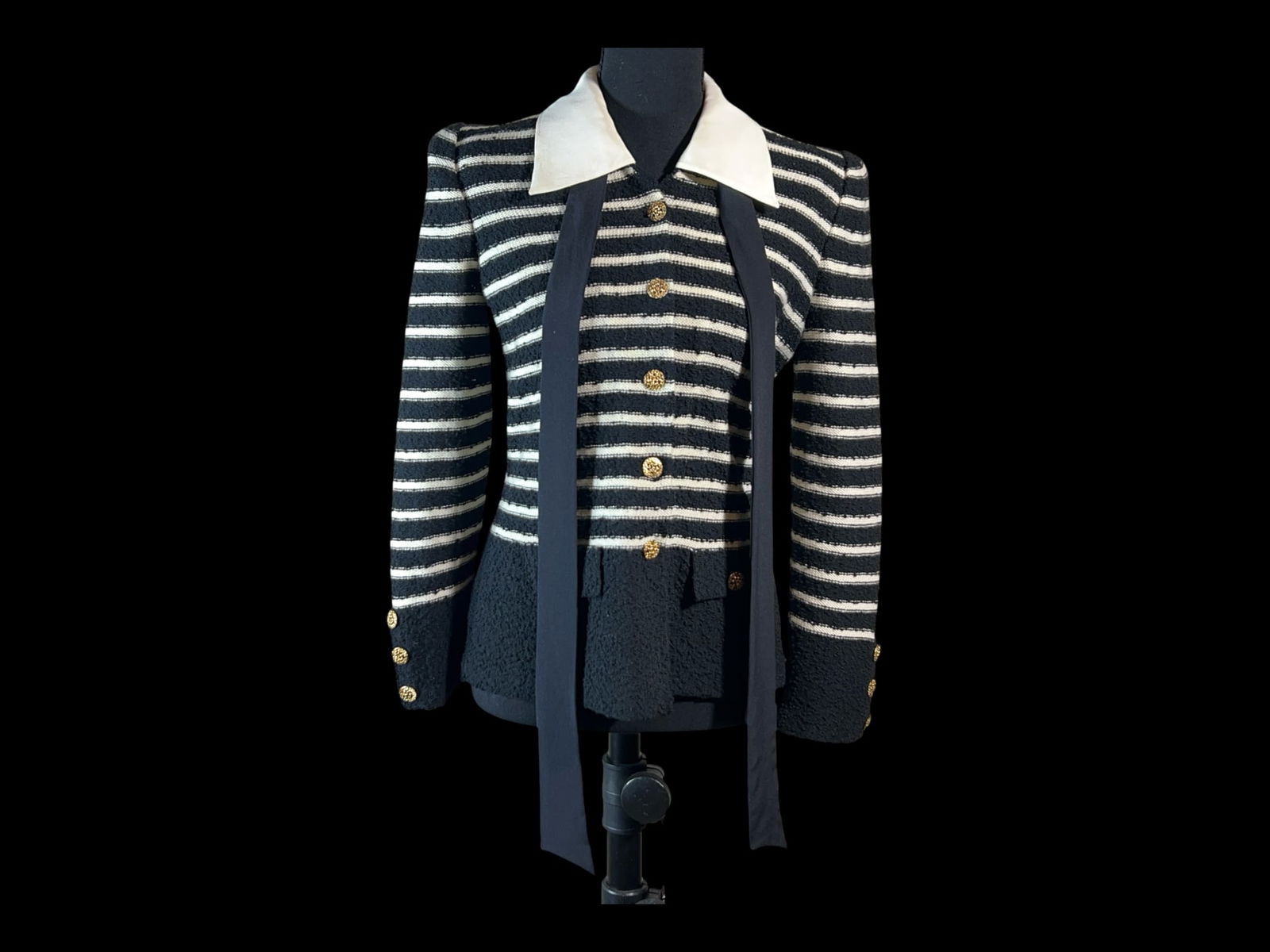 Adolfo at Saks Fifth Avenue Striped Bouclé-Knit Jacket with Contrast Collar and Gilt Buttons (1 of 5)