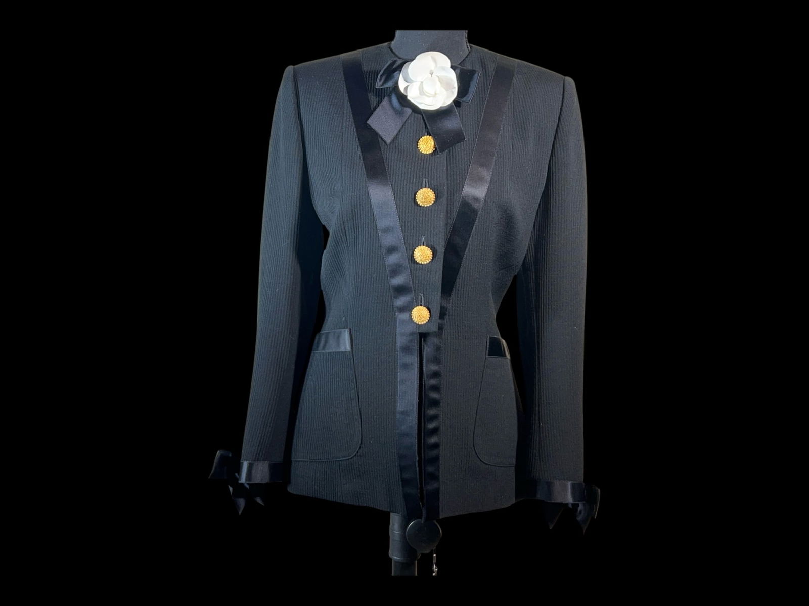 Adolfo (New York / Neiman Marcus) Black Textured Jacket with Satin Trim, Gold Buttons, Bow Cuffs and (1 of 7)