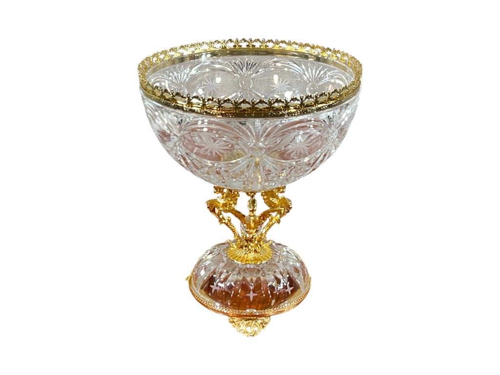 Creart (Italy) 24% Lead Hand-Cut Crystal Centerpiece Bowl on Gilt Metal Stand, 12"H (1 of 10)