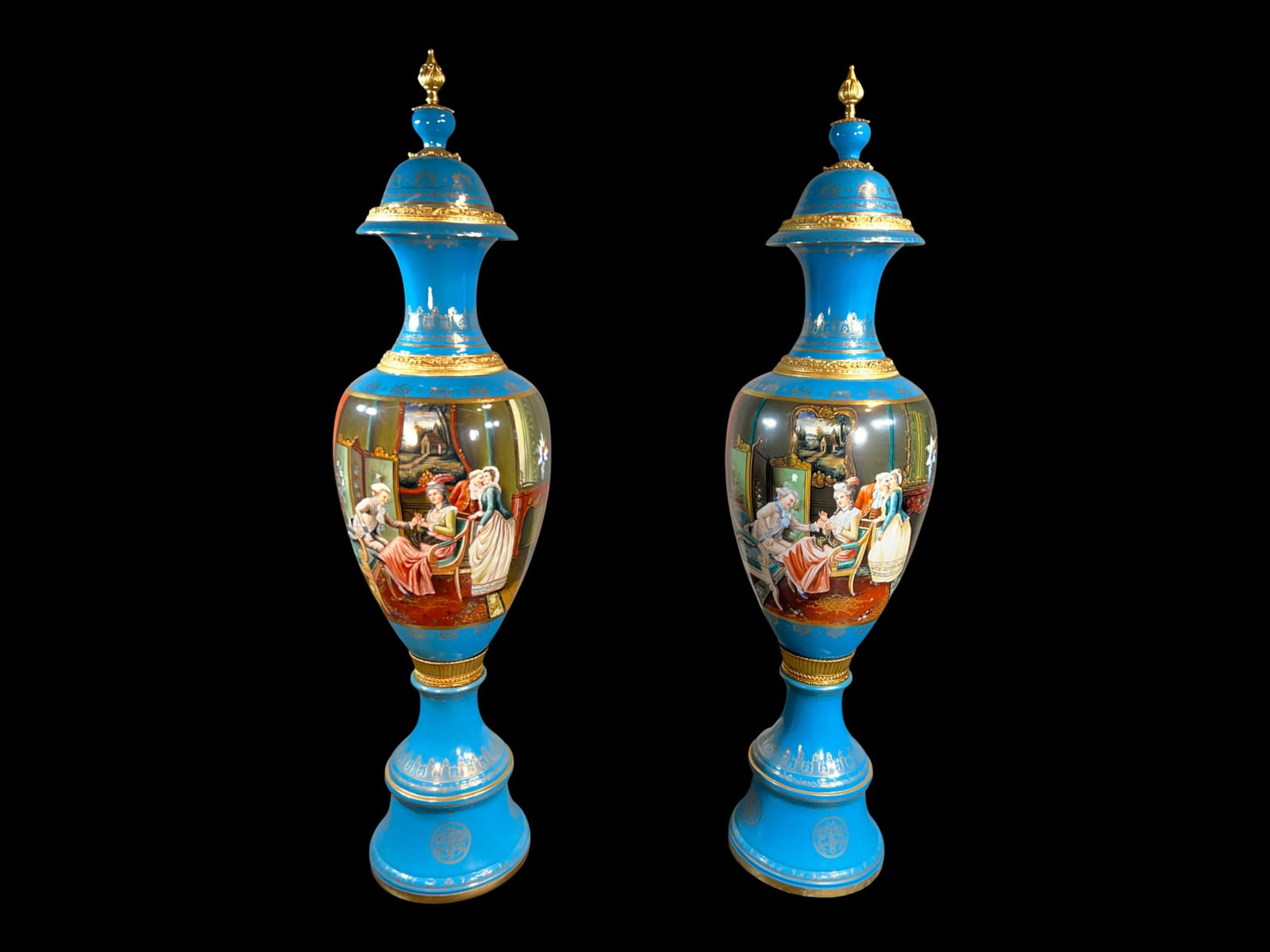Pair of turquoise-ground Sevres-style porcelain covered vases with gilt-metal mounts and fete galant (1 of 20)