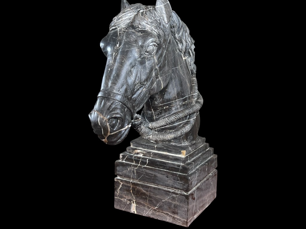 Carved Black Marble Horse-Head Bust on Stepped Marble Plinth, 23"H (1 of 10)