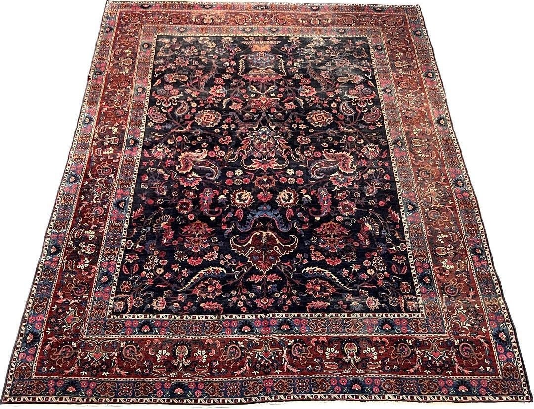 $25,000+ Signed Antique Persian Kerman Hand-Knotted Wool Rug, All-Over Floral Design on Navy Field,  (1 of 5)