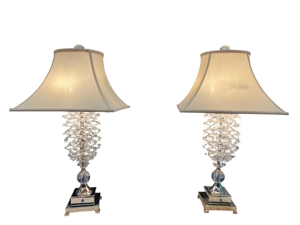 $3,500 Pair of Luxurious Crystal and Glass Table Lamps with Fabric Shades, 33", (1 of 4)