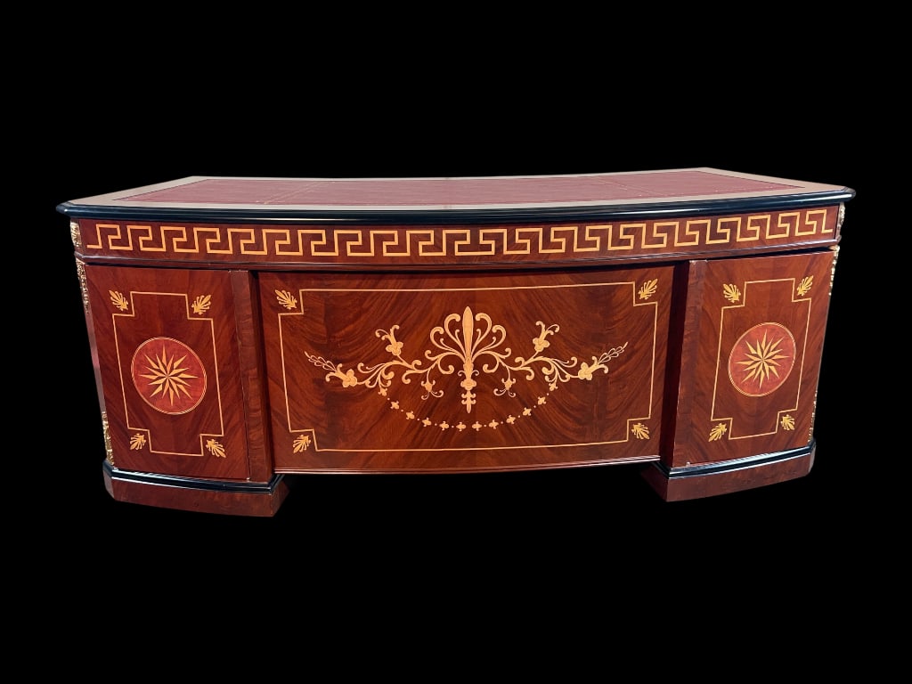 $7,500+ Neoclassical-Style Mahogany Veneered Kidney-Form Executive Desk with Marquetry Inlay and Lea (1 of 19)