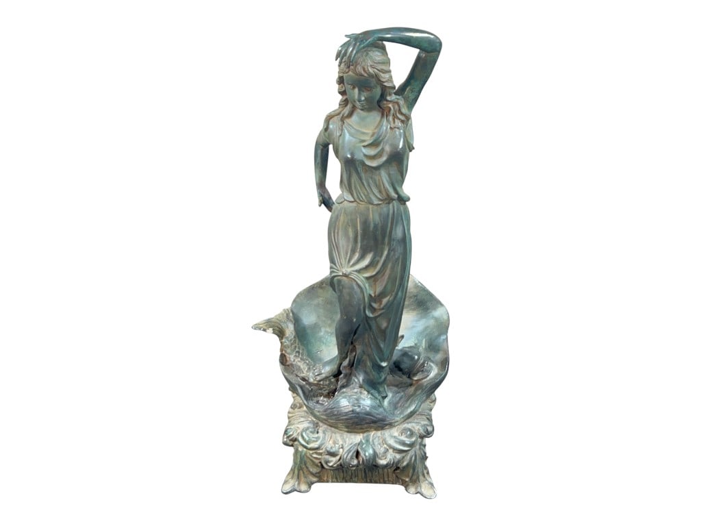 Fountain Verdigris-Patinated Figural Mermaid Shell Bowl / JardiniÃ¨re, After Art Nouveau: A figural fountain, metal shell-form bowl or jardiniÃ¨re, cast as a standing mermaid posed upon a large scallop shell, finished in a mottled verdigris and bronze-toned patination. The mermai