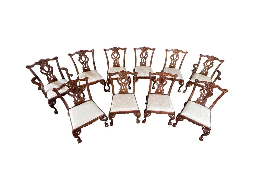 Set of Eight Chippendale-Style Carved Mahogany Dining Chairs, Including Two Armchairs, 39"H (1 of 16)