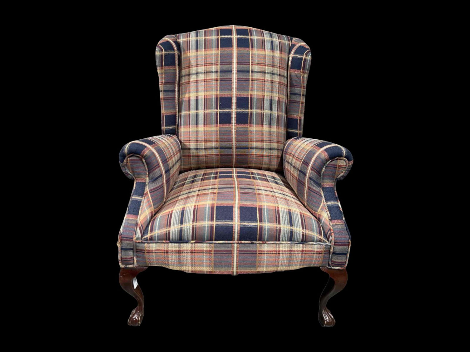 Traditional Plaid Upholstered Wingback Armchair with Cabriole Front Legs (1 of 5)