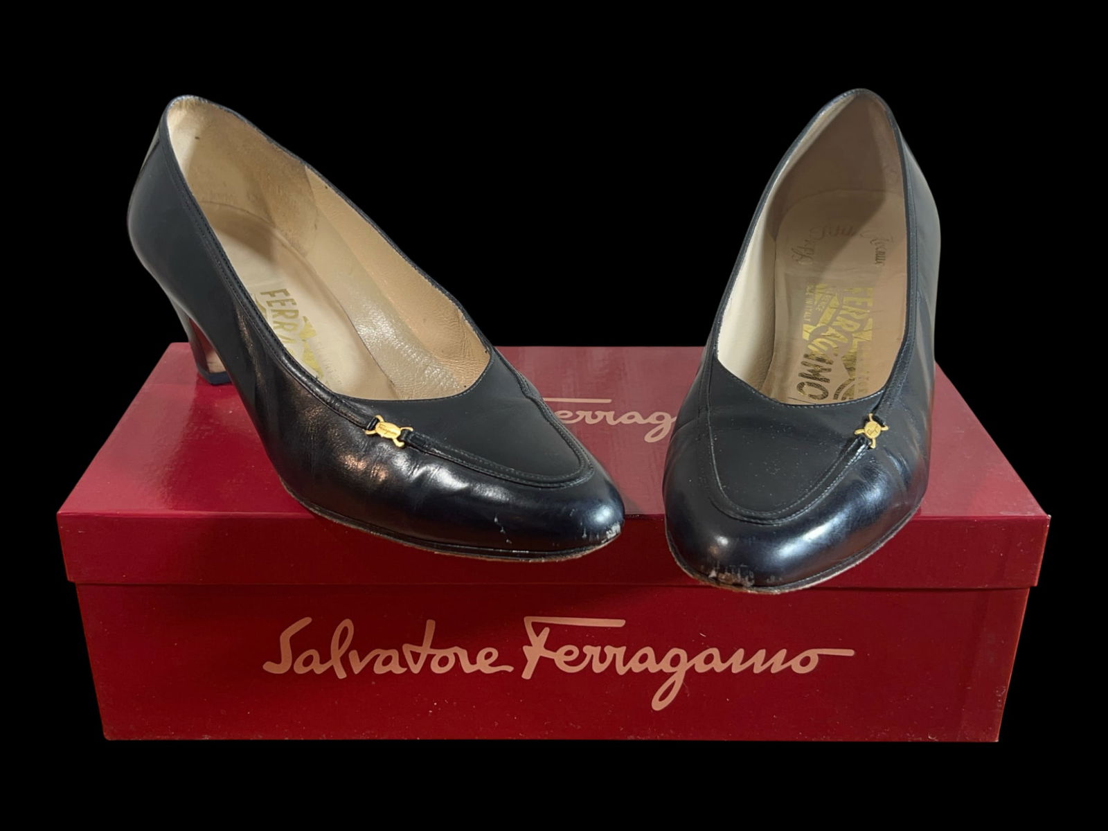Salvatore Ferragamo "Sierra" Black Calfskin Leather Pumps with Original Box, Size 7Â½ B (1 of 4)