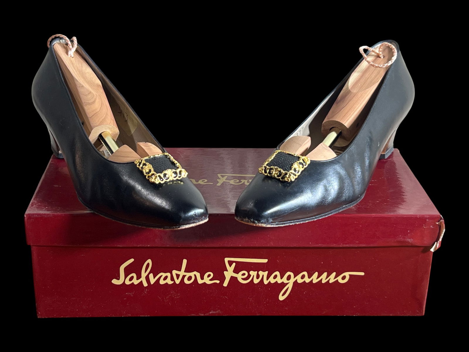 Salvatore Ferragamo "Giovane" Black Calfskin and Lizard Pumps with Gilt Buckle Ornament and Original (1 of 5)