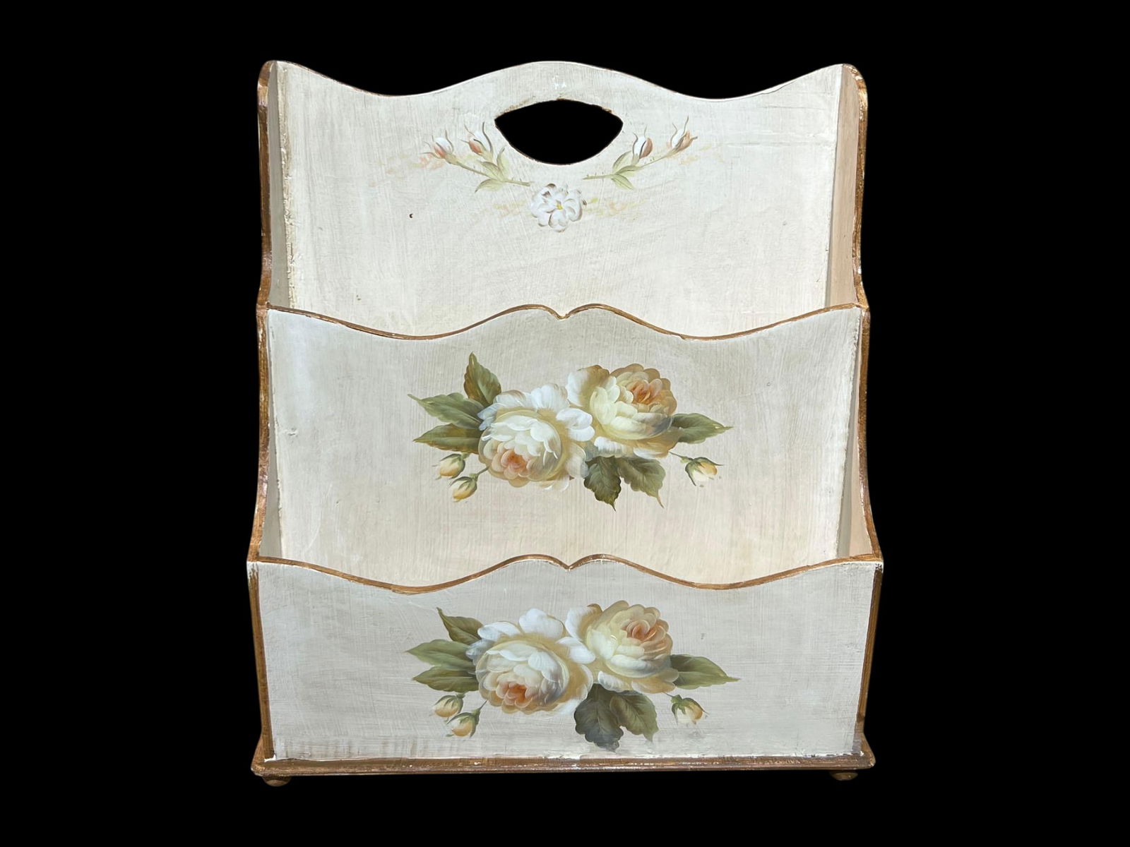 Hand-Painted Floral Painted Wood Magazine / Letter Rack, Gilt-Edged, Two-Tier Form: A hand-painted, cottage-style wooden magazine or letter rack, finished in a soft, whitewashed ground with gilt-edged profiles and two stepped compartments. The upright backboard is gently serpentine w
