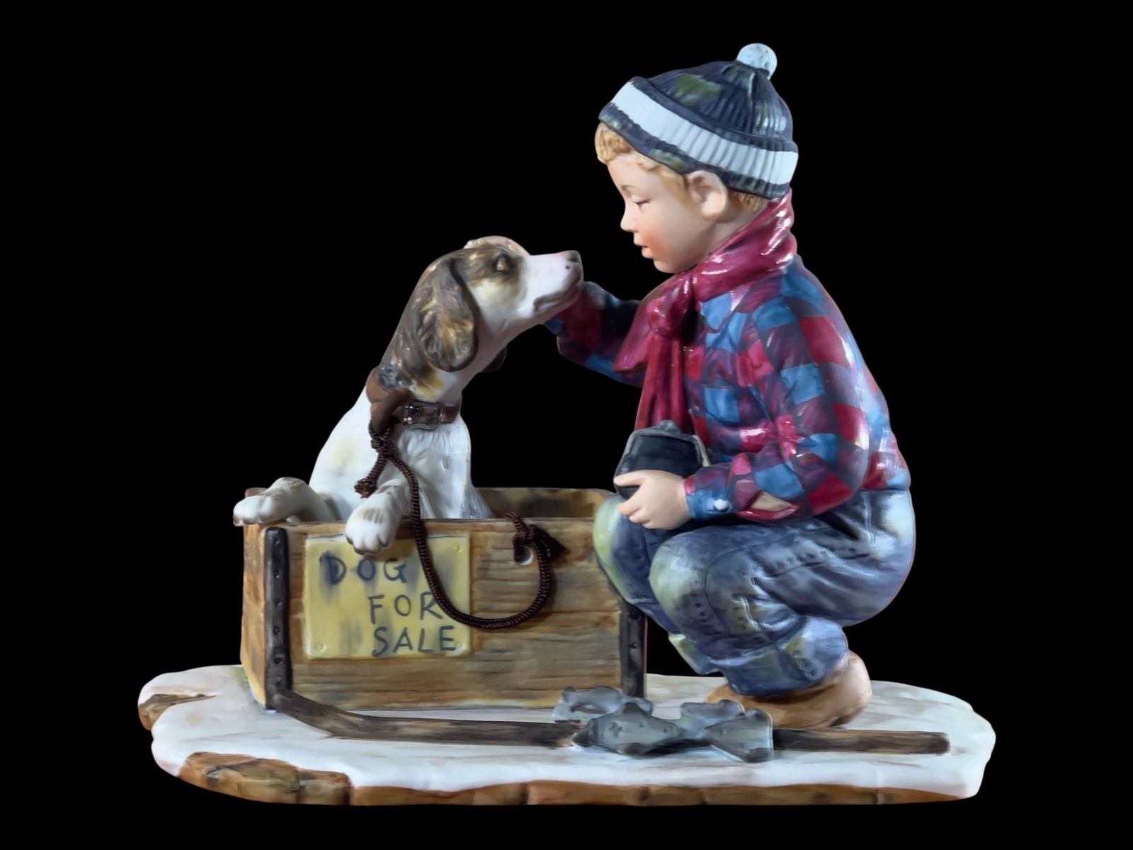 Gorham Norman Rockwell "Winter - A Boy Meets His Dog" Four Seasons Porcelain Figurine, 7": A heartwarming ceramic figurine from The Gift World of Gorham, inspired by Norman Rockwell's beloved 1958 Four Seasons illustrations. This First Edition piece titled "Winter - A Boy Meets His Dog" dep