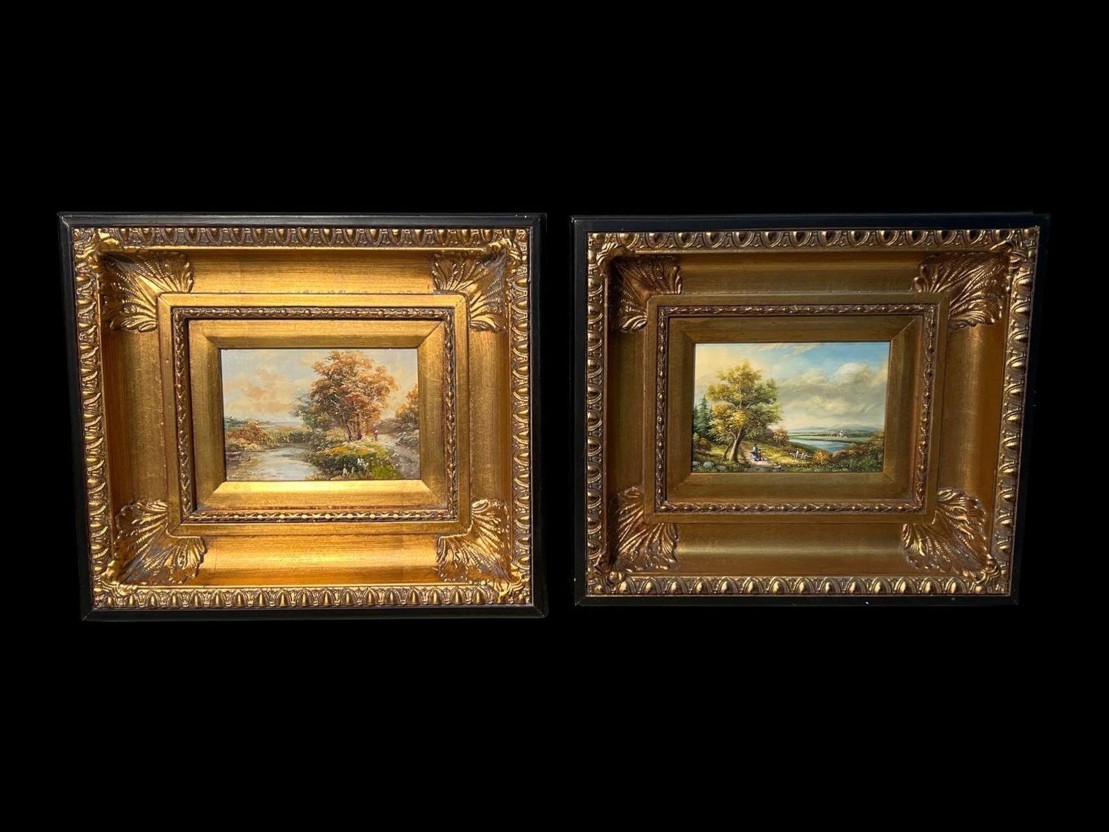 Pair of Continental-Style Miniature Landscape Paintings in Ornate Gilt Frames (1 of 5)