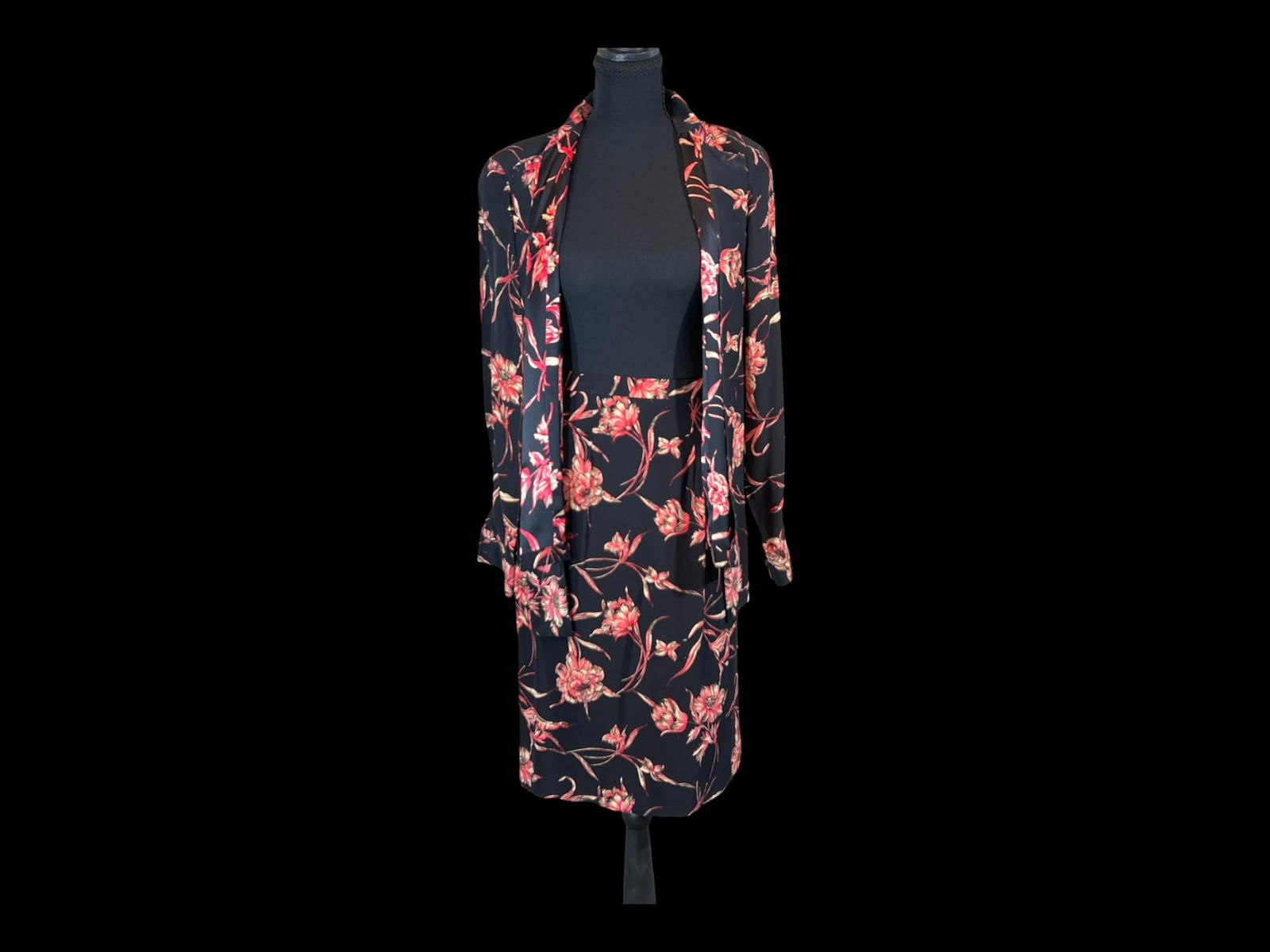 Contemporary Black Floral Two-Piece Ensemble: Long Open-Front Jacket and Matching Skirt (1 of 4)