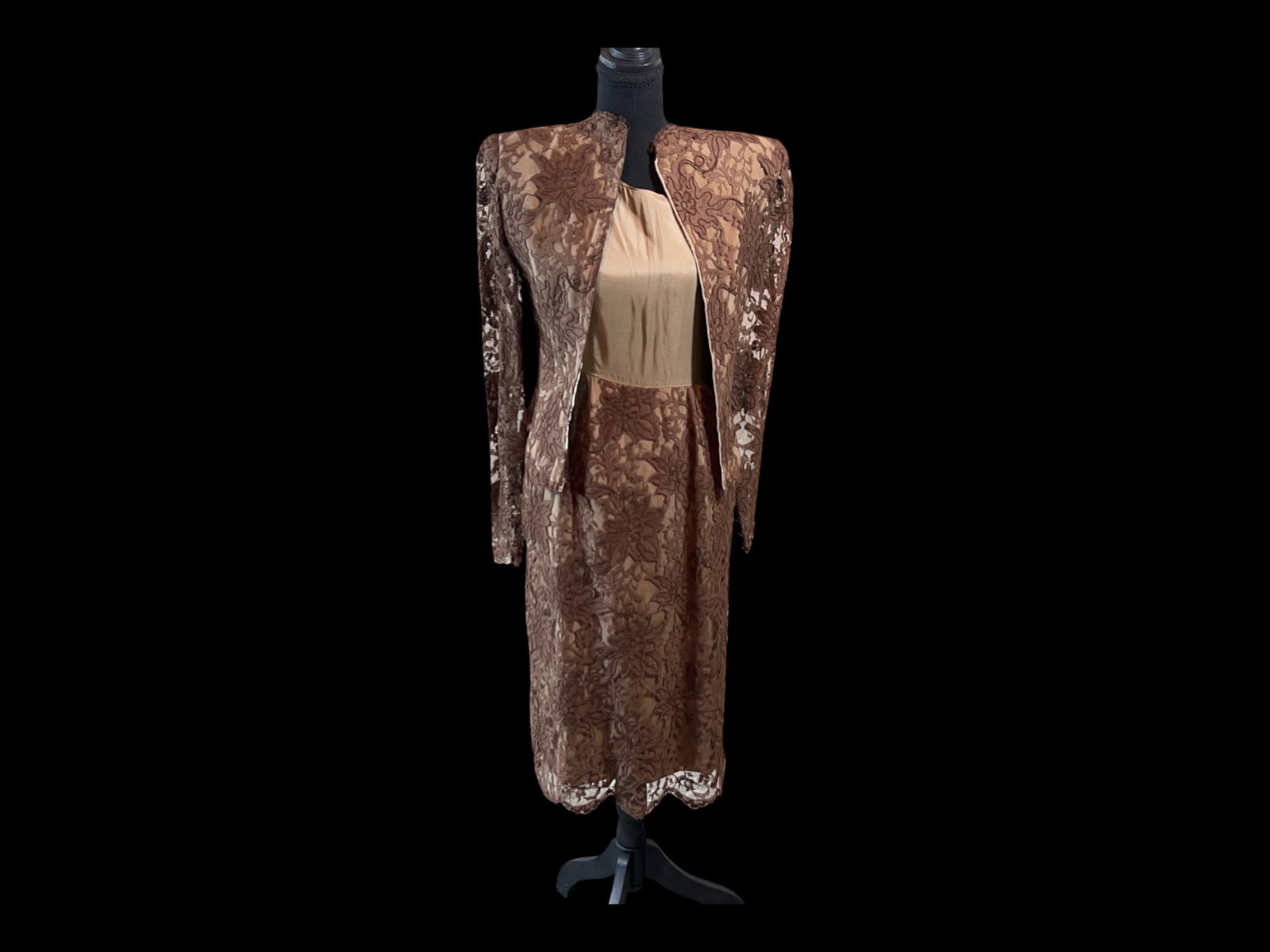 Vintage Two-Piece Brown Corded Lace Evening Ensemble, Jacket and Sheath Dress (1 of 5)