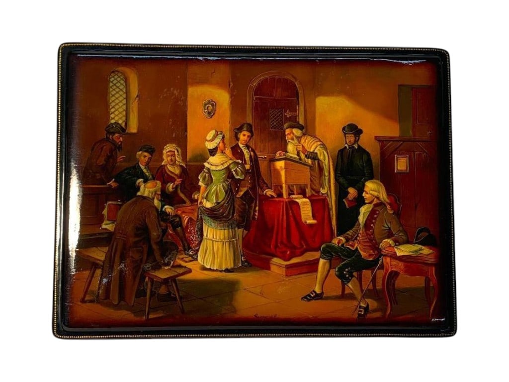Russian lacquered papier-mache hinged box with court/tribunal scene, signed in Cyrillic (E. Nekrasov (1 of 5)