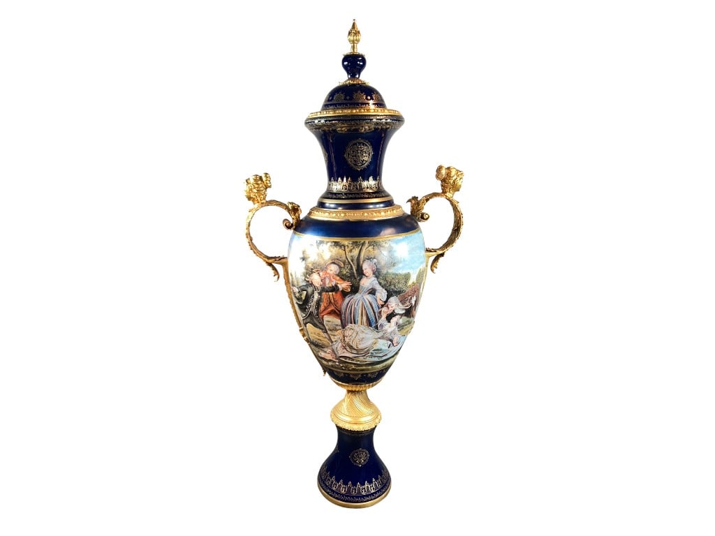 Monumental Sevres-Style Cobalt Porcelain Floor Urn with Gilt Bronze Mounts and Hand-Painted Rococo S (1 of 19)
