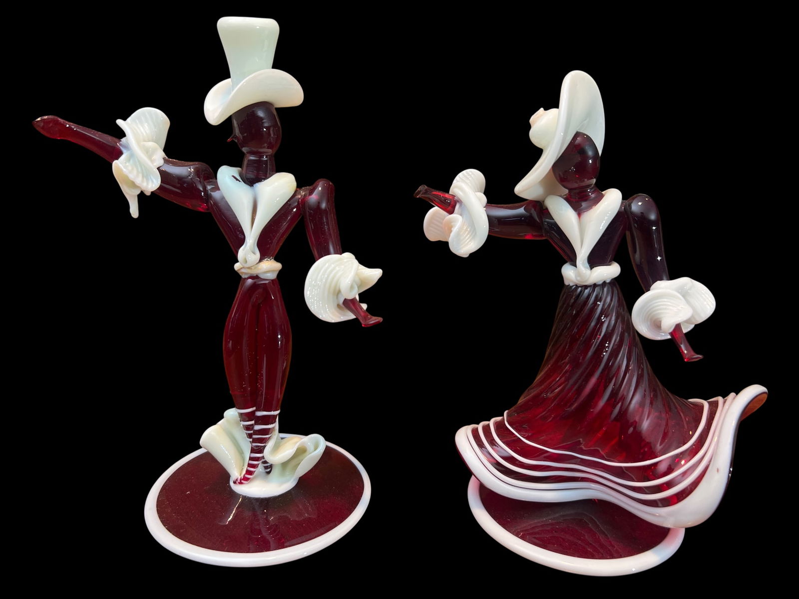 Pair of Murano-Style Art Glass Dancing Couple Figurines in Ruby Red and White, 9" (1 of 4)