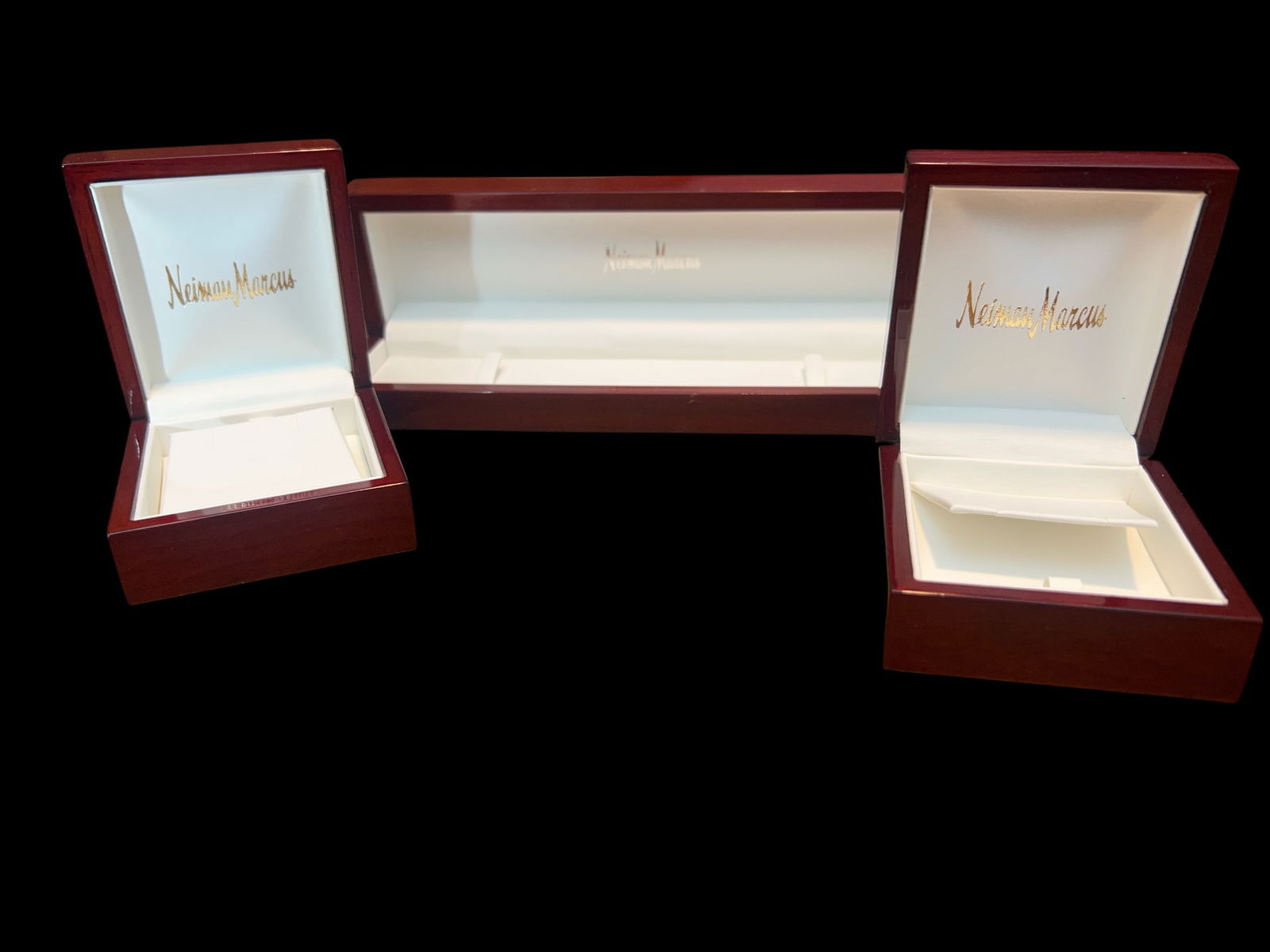 Three Luxury Jewelry Presentation Boxes: Three Neiman Marcus Cherry Wood and Three Additional Lacque (1 of 3)