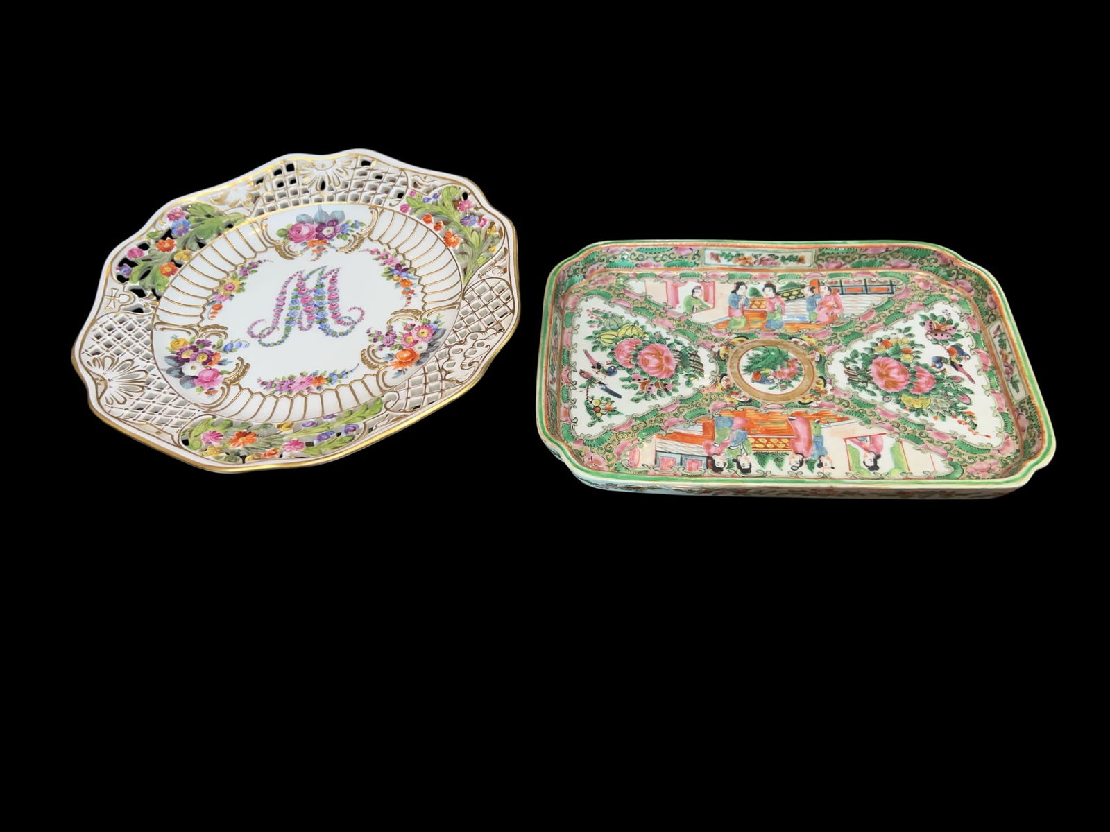 Two Decorative Porcelain Pieces: Dresden-Style Reticulated Plate with Floral Monogram and Chinese Ex (1 of 5)