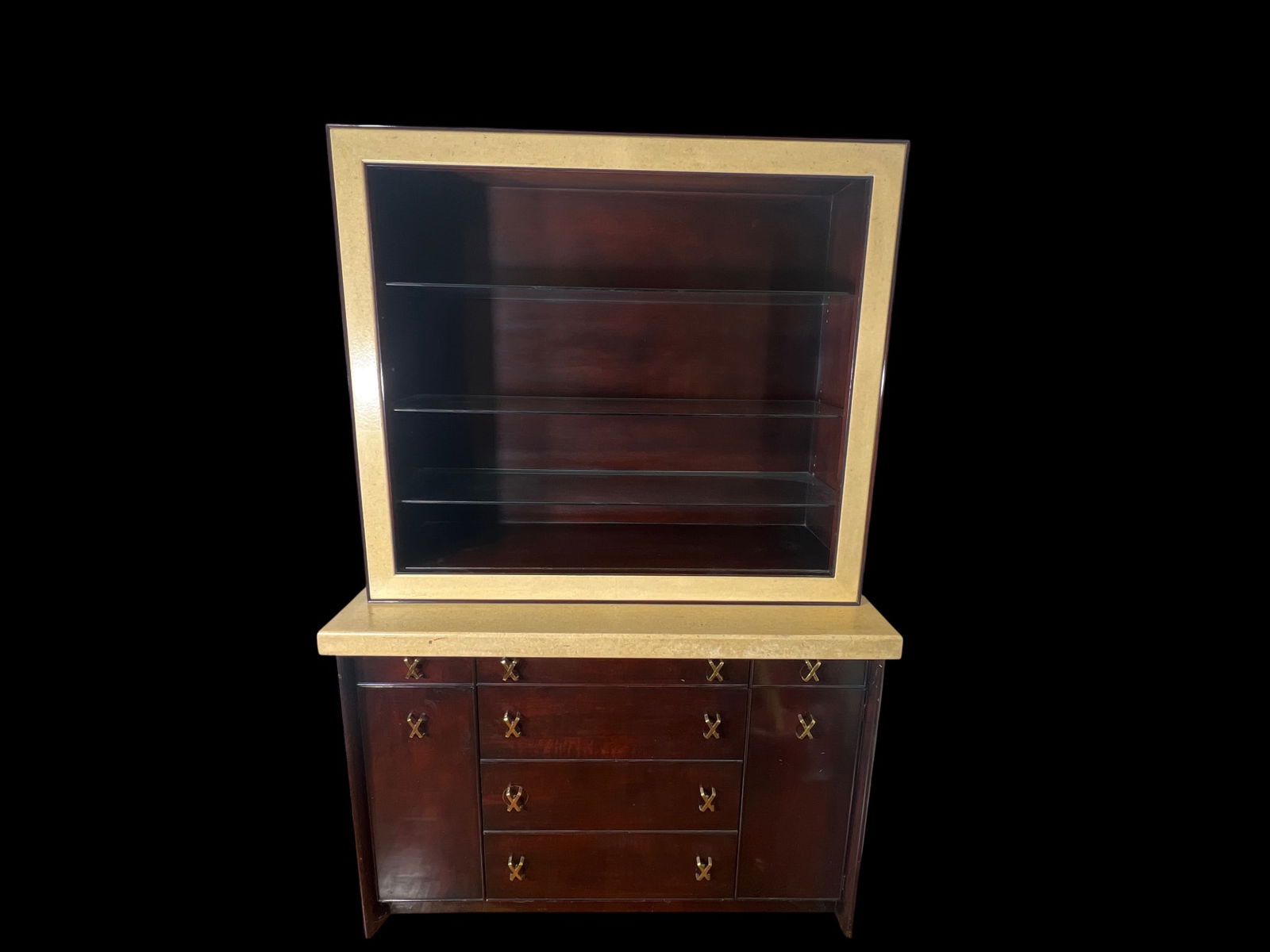 Mid-Century Modern Mahogany and Cork Two-Piece Display Cabinet with Brass X-Form Hardware, 72" (1 of 8)