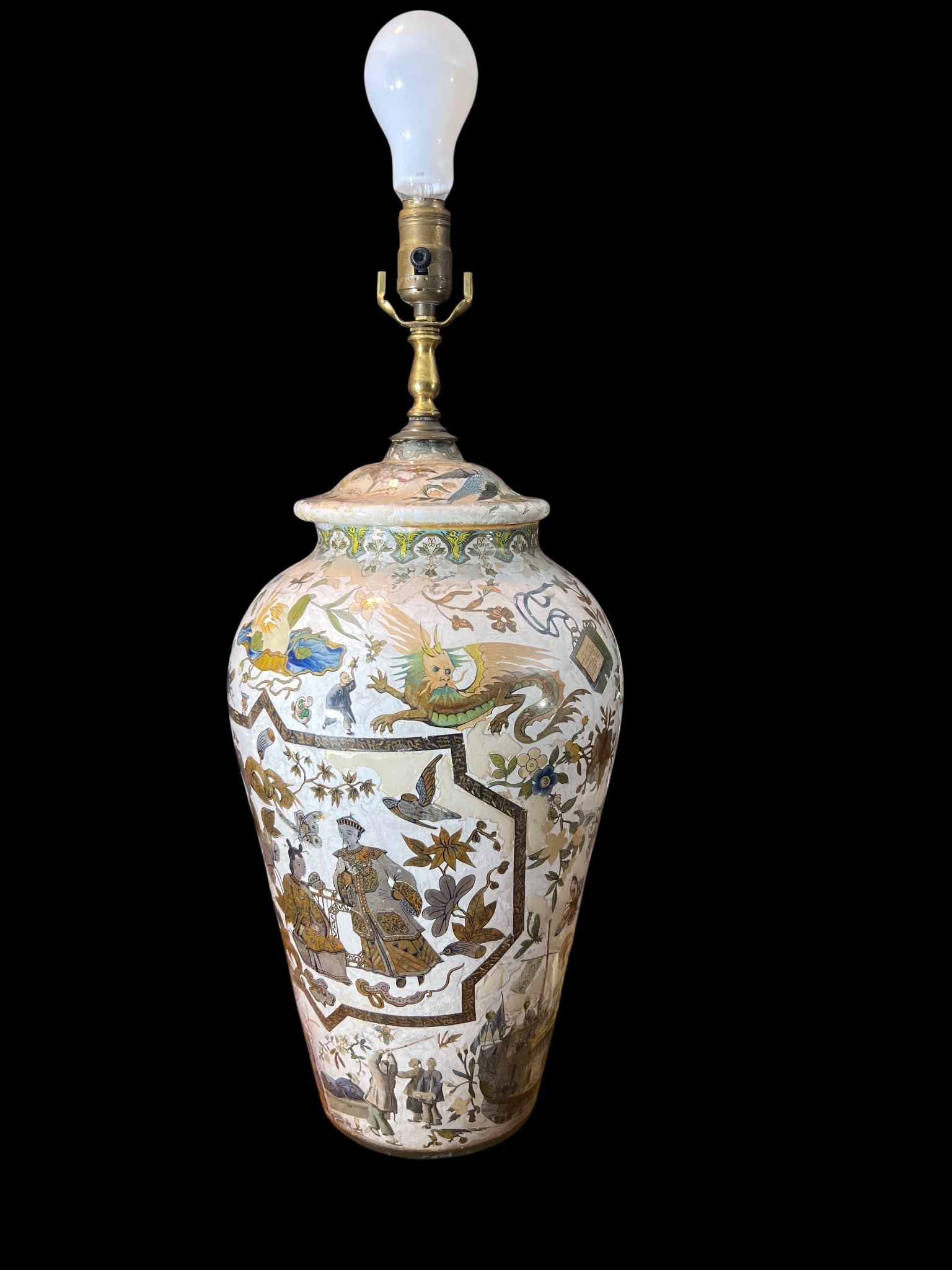 Large Chinoiserie Decoupage Ginger Jar Table Lamp with Dragon and Court Scene Decoration, 28": Impressive large-scale decorative table lamp created from a decoupage ginger jar featuring elaborate chinoiserie motifs. The baluster-form jar displays hand-applied paper cutout imagery including a dr