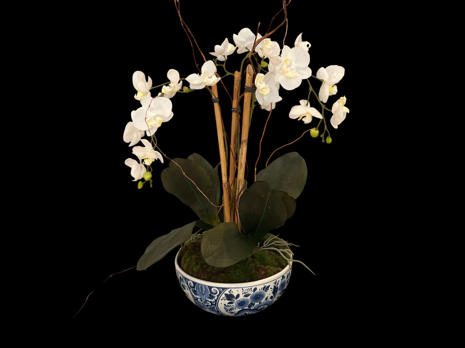 Dutch Delft-Style Blue and White Ceramic Bowl with Faux Phalaenopsis Orchid Arrangement, 24" (1 of 3)