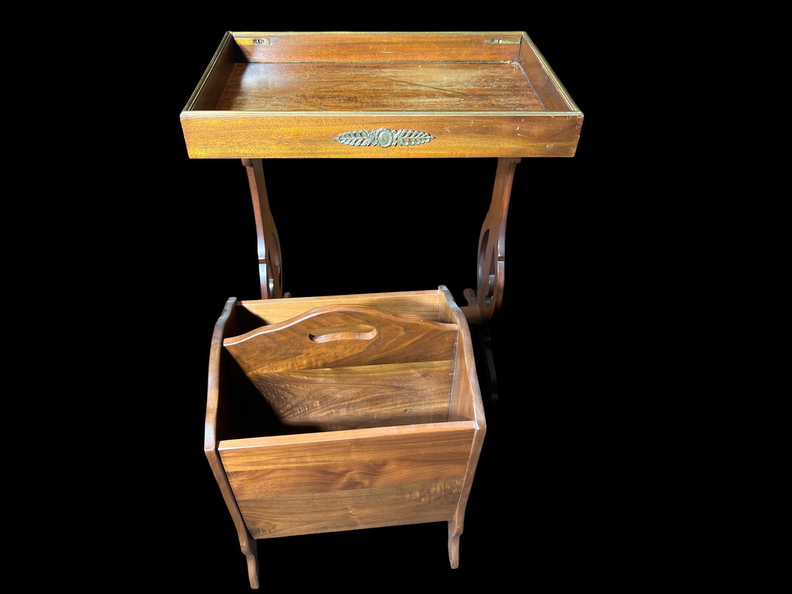 Brass-Gallery Mahogany Bed/Tea Tray Table with Lyre-Form Base, with Canterbury Magazine Rack, 19" H  (1 of 8)