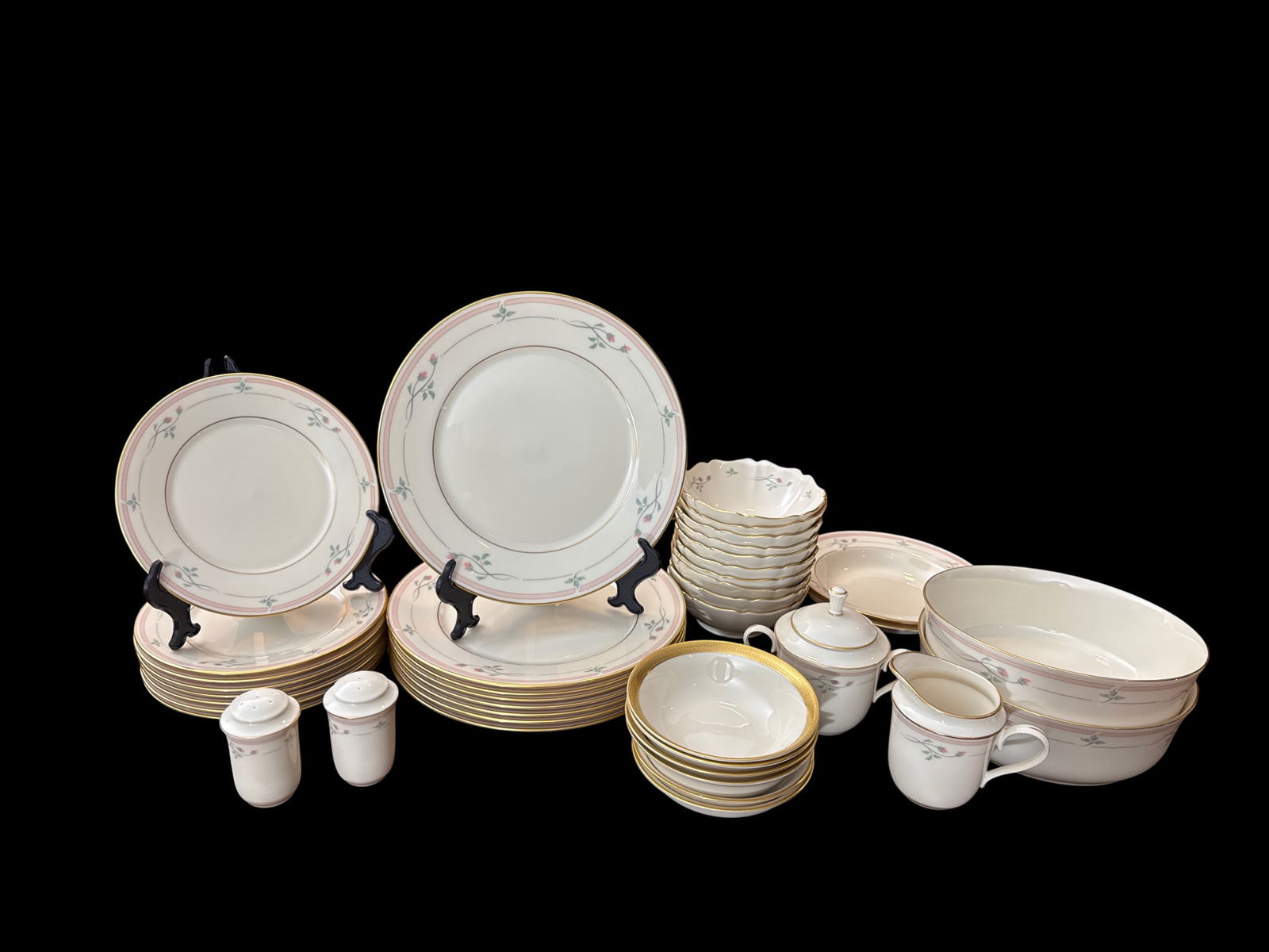Lenox 'Rose Manor' U.S.-Made Porcelain Dinner Service with Pink Band and Gold Enrichment (1 of 8)