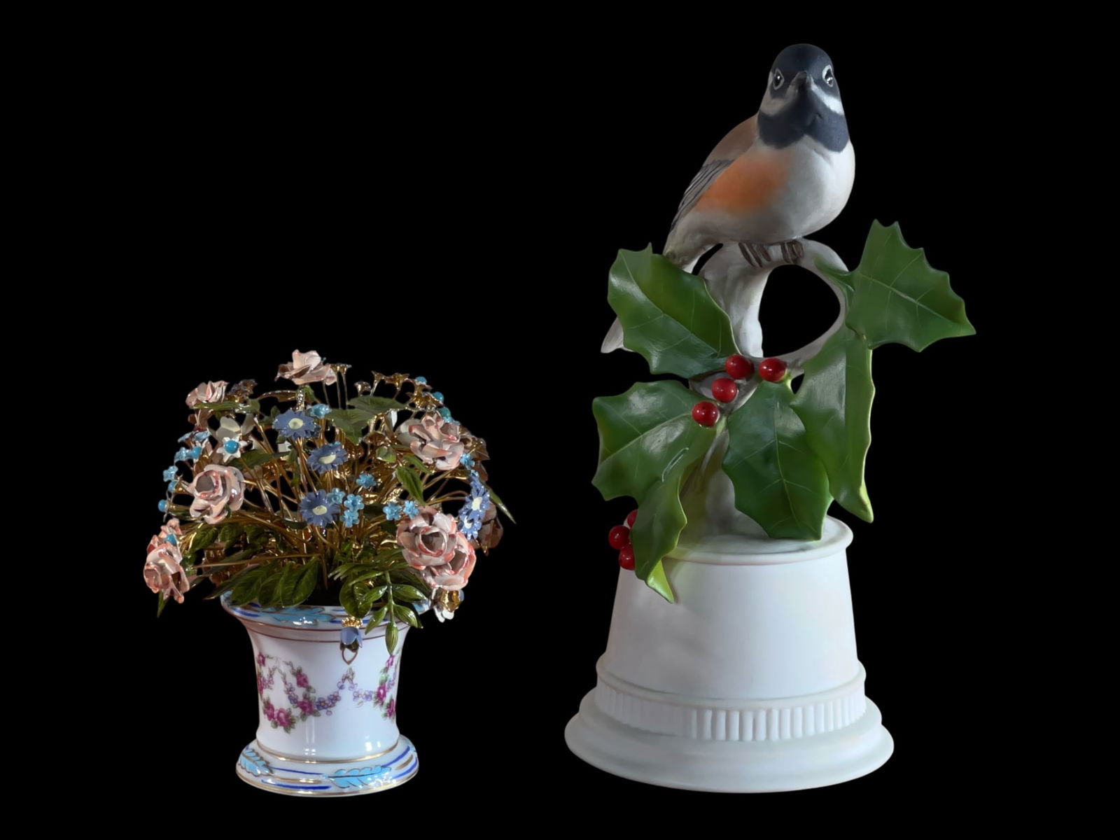 Boehm Porcelain "Black-Capped Chickadee" #438 with Holly and Gorham Bird Bell, 9": A fine American porcelain bird study from the renowned Edward Marshall Boehm studio, paired with a complementary piece. The primary figurine depicts a Black-capped Chickadee perched on a naturalistica