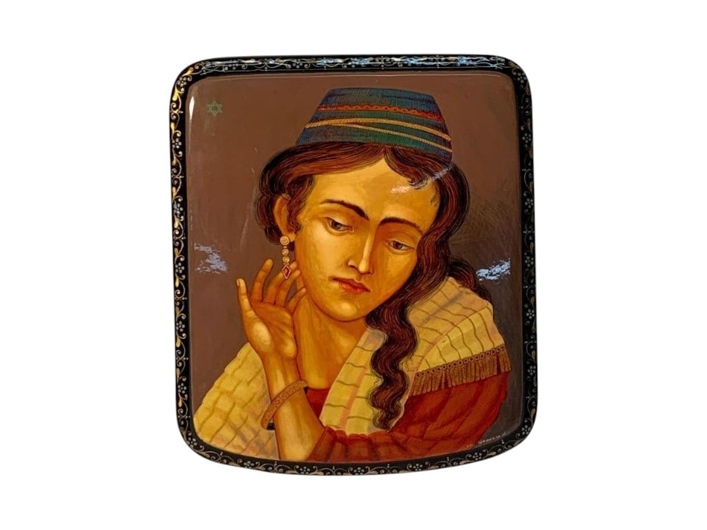 Signed Russian-Style Black Lacquer Casket with Portrait Miniature and Gilt Scrollwork, 2"H (1 of 6)