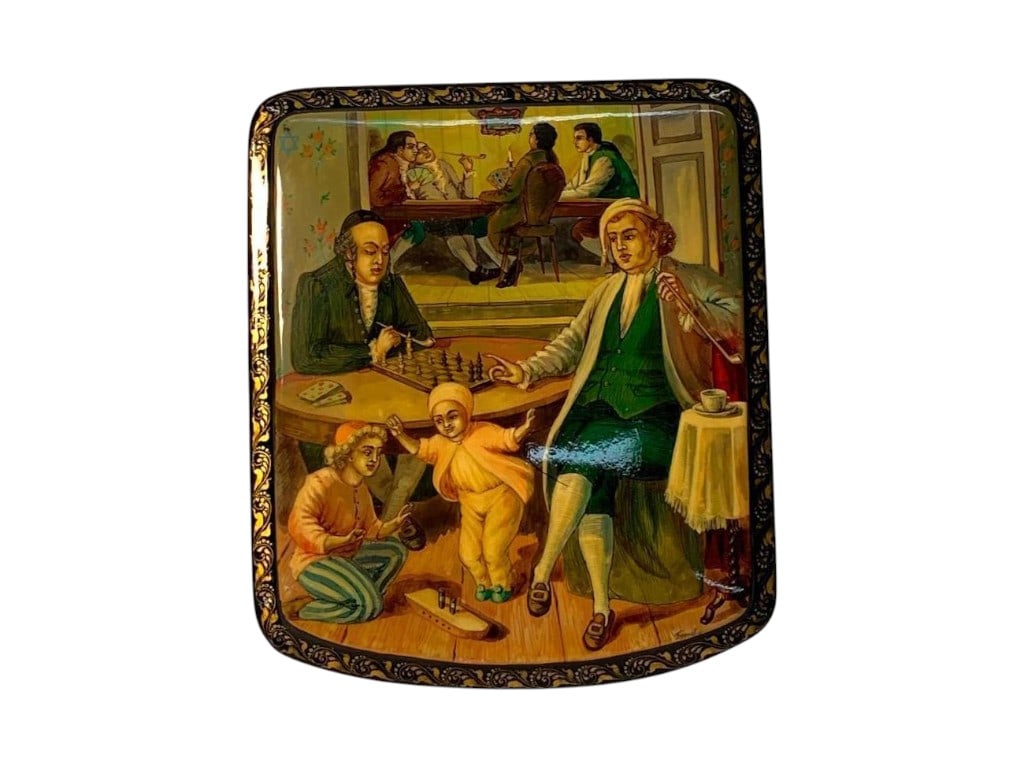 Russian Lacquered Papier-Mache Box, "Lighting the Hannukah Candles," signed in Cyrillic (Burkova), 2 (1 of 5)