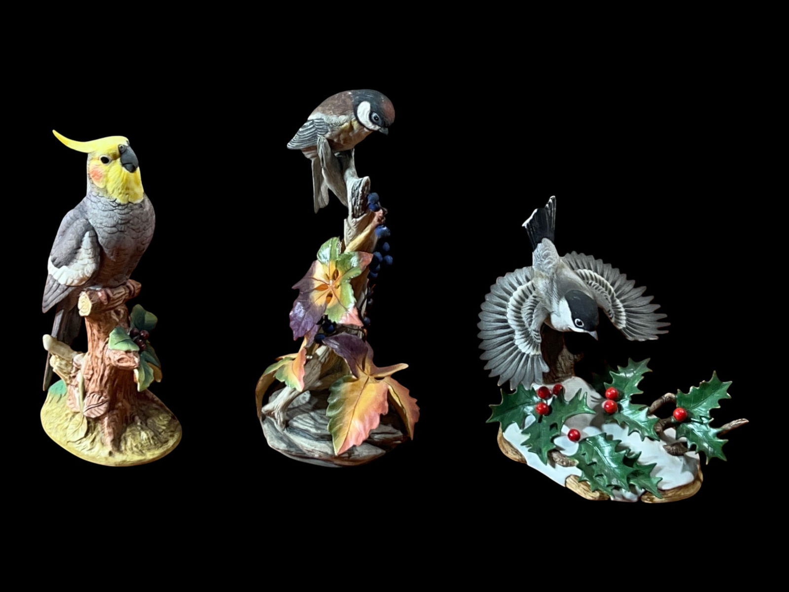 Group of Three Andrea by Sadek Porcelain Bird Figurines, including Cockatiel and Chickadee, late 20t (1 of 12)