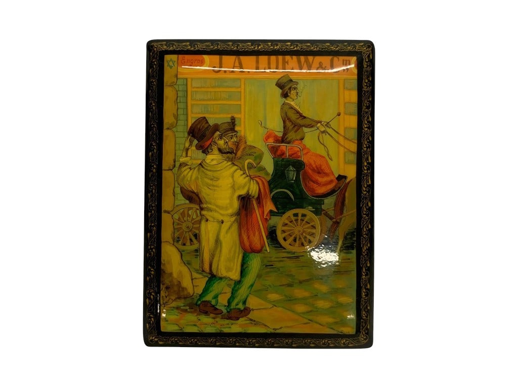 Continental lacquered papier-mache box with hand-painted street scene and gilt decoration, bearing " (1 of 3)