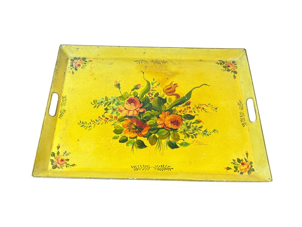 Signed French Hand-Painted Tole Serving Tray, Yellow Crackle Ground with Floral Bouquet, 1"H (1 of 5)